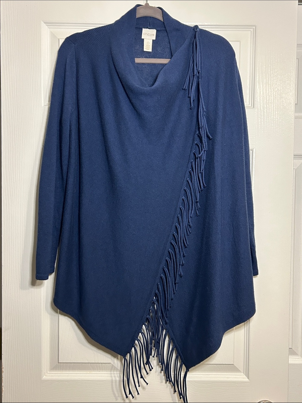 Chico’s Size 0 Navy Asymmetrical Fringe Wrap Cardigan Sweater